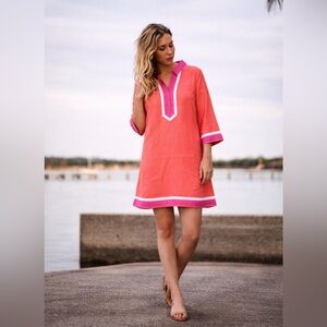 Les Canebiers St. Tropez Summertime Tunic Dress Coral Pink Trim NWT summer Sz 36